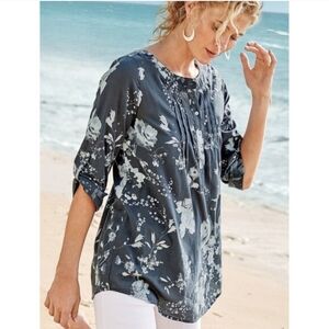 Soft Surroundings Blue Floral Popover Tunic Top